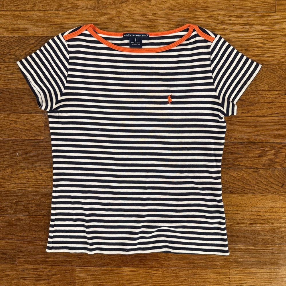 Ralph Lauren Women's Golf Navy White Striped T-shirt Short Sleeve Size SP